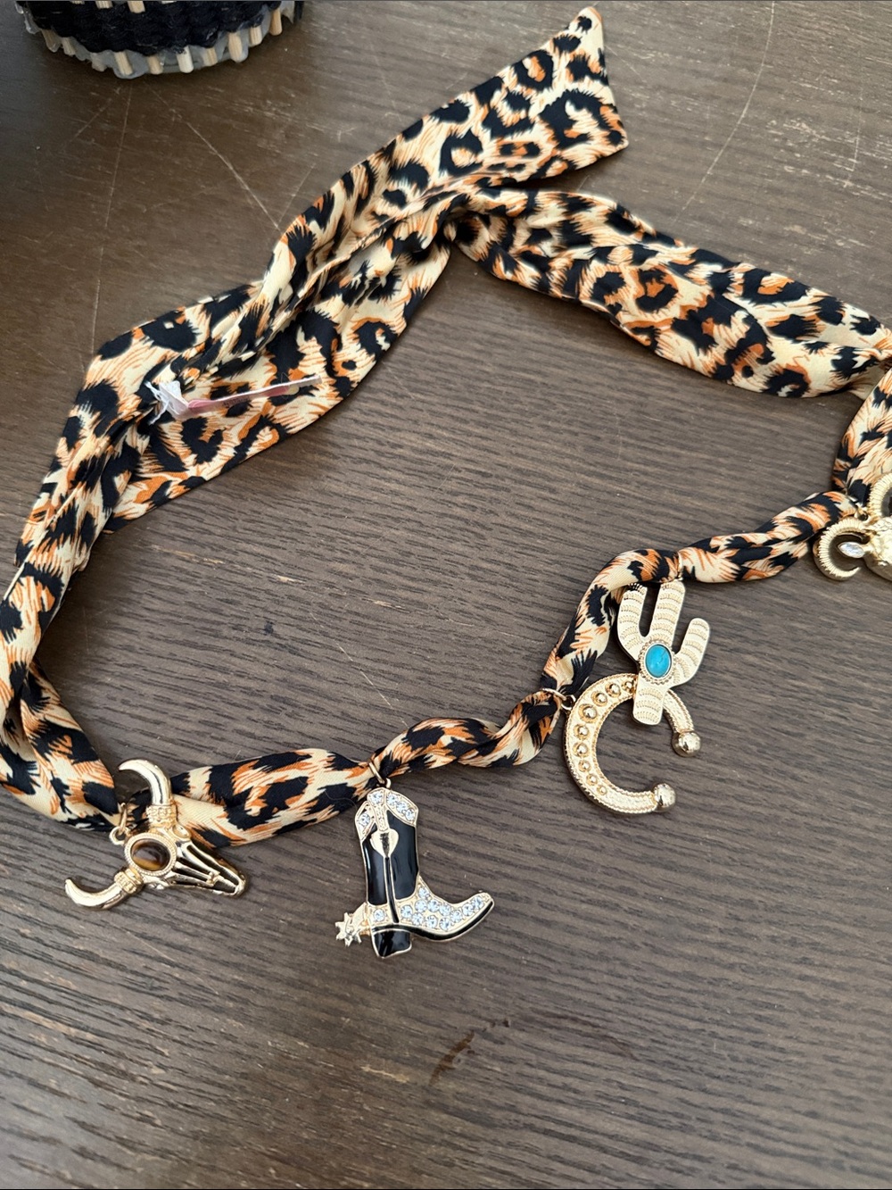 Leopard Print Charm Scarf Necklace with Gold Western Charms nwt